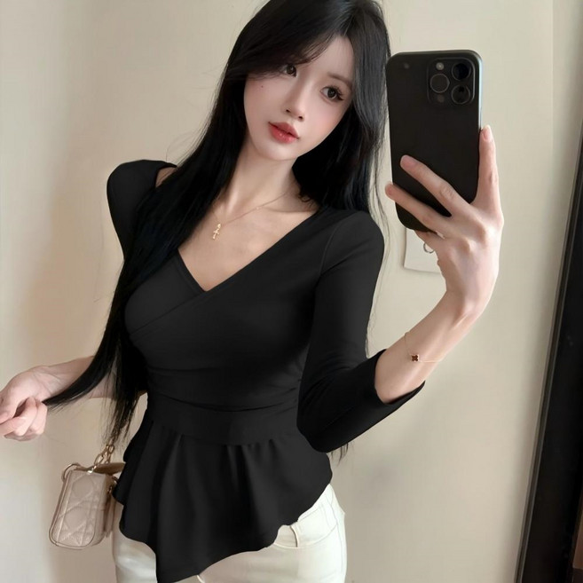 Vezri 여성 봄 가을 섹시한 V넥 슬림핏 7부 소매 블라우스 셔츠 F88