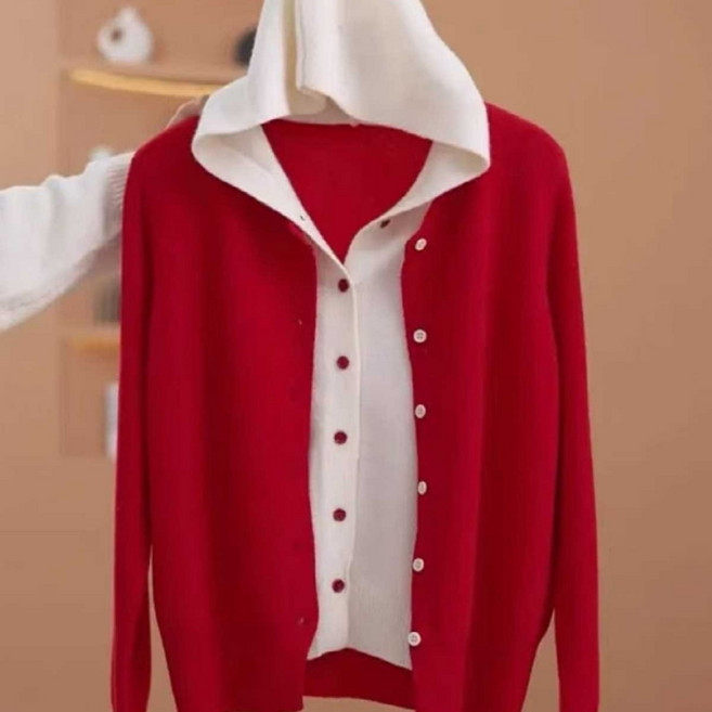 해피유통 여성 컬러풀한 가짜투피스 니트 코트 디자인 캐주얼 후드 니트 가디건 상의 jhz