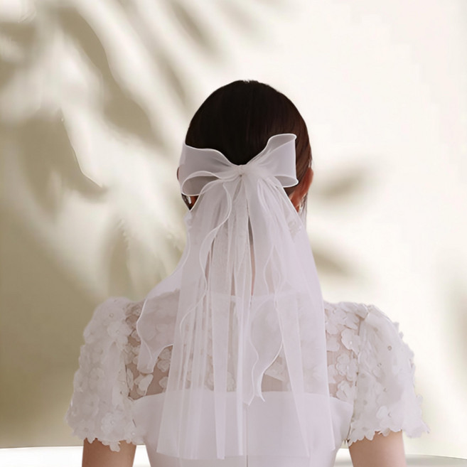 자베르 웨딩베일 셀프 웨딩촬영 풍성한 리본 단아한 집게형 숏베일