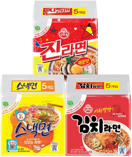 오뚜기 진라면 매운맛 5입 + 스낵면 김치라면, 15개