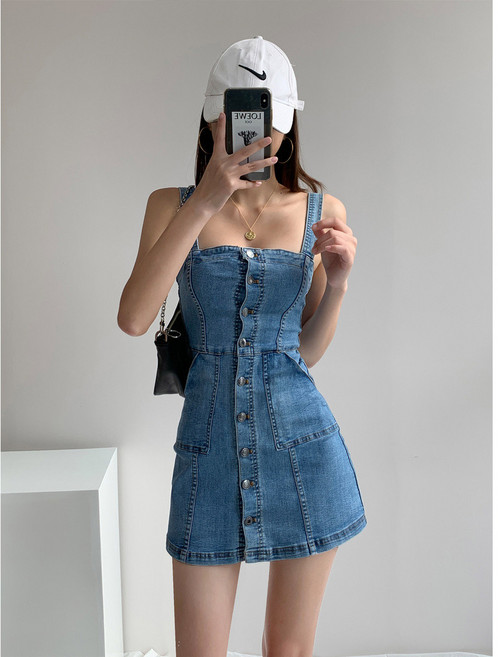 歐美復古無袖吊帶牛仔包臀短洋裝, 藍色（偏淺藍）,S