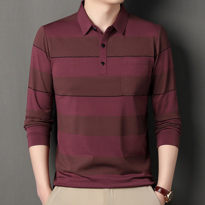 AOKADA 중년 남성 봄 가을 스트라이프 긴팔티 캐주얼 루즈핏 카라넥 긴팔 티셔츠