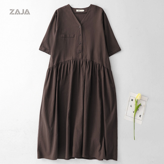 ZAJA 여성 여름 린넨 루즈핏 원피스 심플 브라운 바캉스 원피스