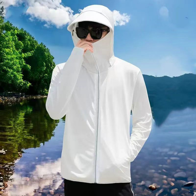 男士輕薄防曬外套 夏季透氣防紫外線 戶外速幹, 白色, 2XL
