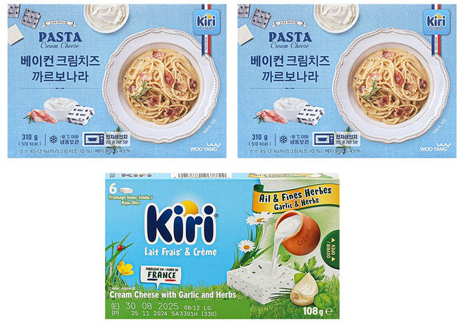 끼리 베이컨 크림치즈 까르보나라 2개+끼리 크림치즈 포션(6입) 갈릭앤허 1개, 1세트, 728g