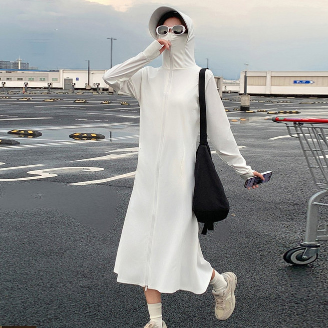 여름 자외선 차단 원피스 UV차단 햇빛 차단 롱 기장 후드 코트 점퍼 얼굴 가리개 일체형 원피스, 그레이