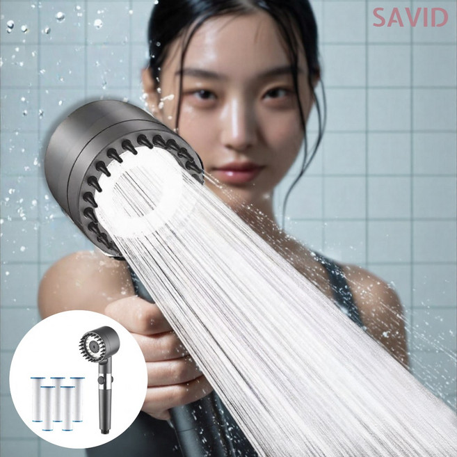[수압 상승] 사비드 초강력 샤워기 헤드 3단 조절 온오프 필터 포함 교체형, 아이언 그레이 (필터 5개 증정), 1개