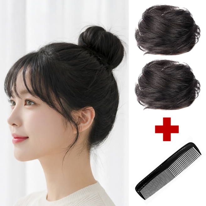 폴케이 풍성한 똥머리 올림머리 가발 밴드, 2개, 내츄럴 블랙