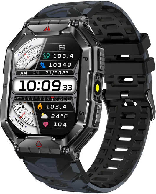 신형 KR82 아웃도어 스포츠 스마트워치 2.1인치 대화면 650mAh 고용량 블루투스 통화 밴드 조명, 위장 블랙