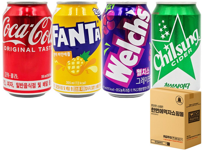 [한번에먹자] 탄산음료 모음 4종 혼합세트 ( 코카콜라 + 환타 파인애플 + 웰치스 포도 + 칠성사이다 ) 가정용 업소용 배달용 PC방 당구장 노래방 식자재 캔음료세트, 24개, 355ml