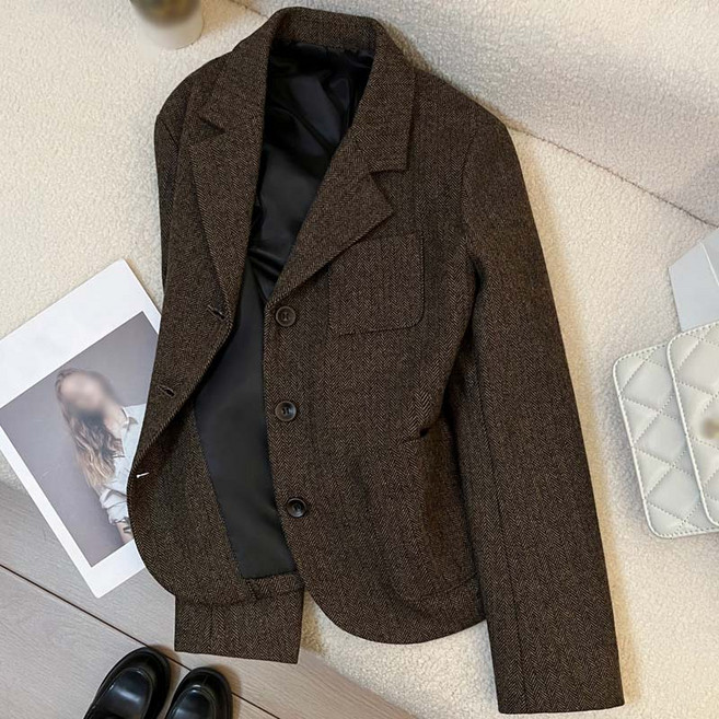 TIMEPURE 여성 정장자켓 가을겨울 브라운 캐주얼 데일리 루즈핏 고급스러운 오피스룩 트위드 크롭트 아우터