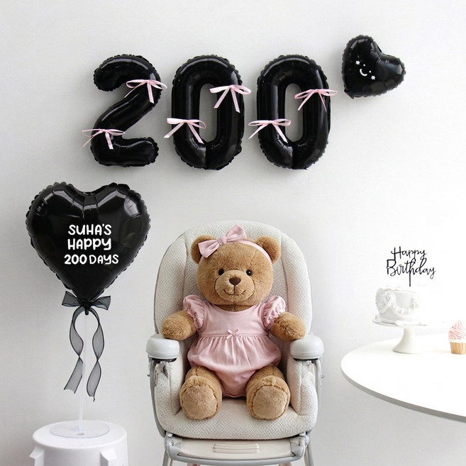 이벤트홀릭 블랙 숫자 리본 기념일 풍선세트(자유레터링), 200, 1개, 리본 핑크