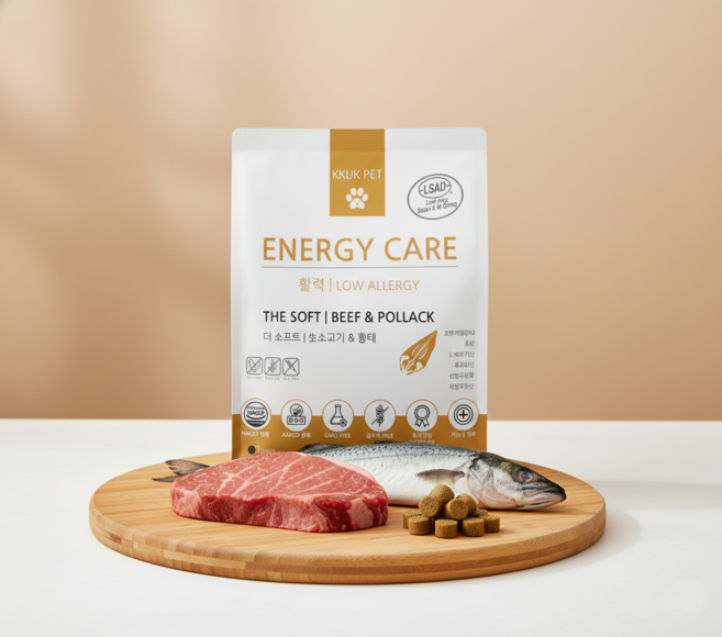 꾹펫 에너지케어 강아지 소프트사료 활력 8mm 무료샘플 증정, 1kg, 1개, 소+황태
