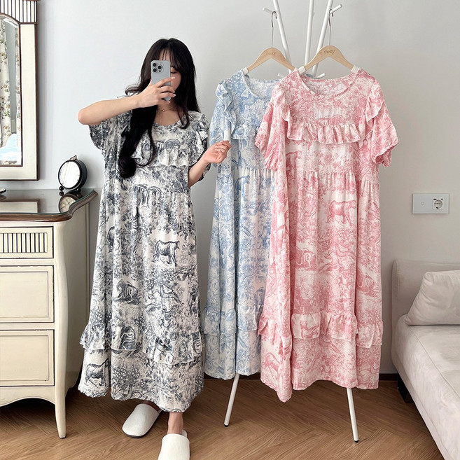 코지데일리 라운드 원피스 잠옷 44~120사이즈 빅사이즈 자체제작 여신 뜨왈 프릴 감성 오버핏 파자마 홈웨어