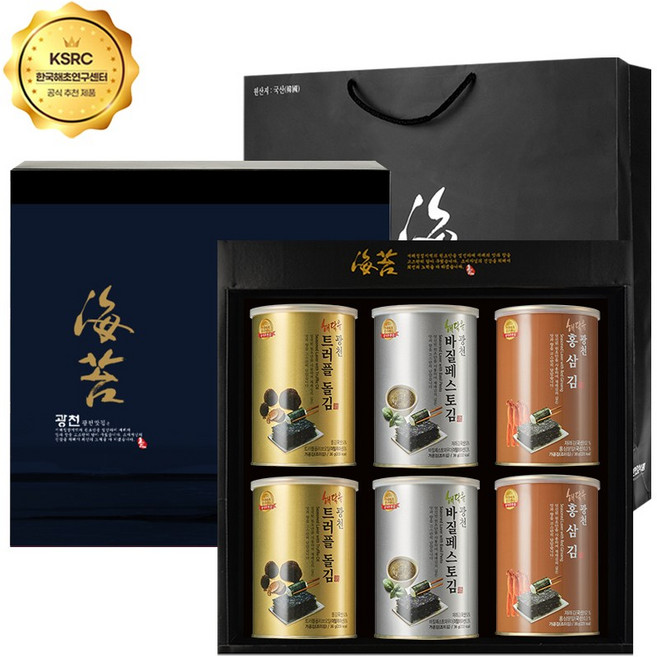 명품 해달음 광천 트러플 아보카도유 홍삼 재래김 도시락캔김 고급 답례품 쇼핑백포함 6캔 선물세트, 6세트