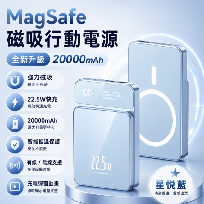 3C標示wh 無線充行動電源 20000mAh無線磁吸行動電源 MagSafe行動電源 22.5W快充, 藍色, 3C標識-登機無憂-22.5W快充