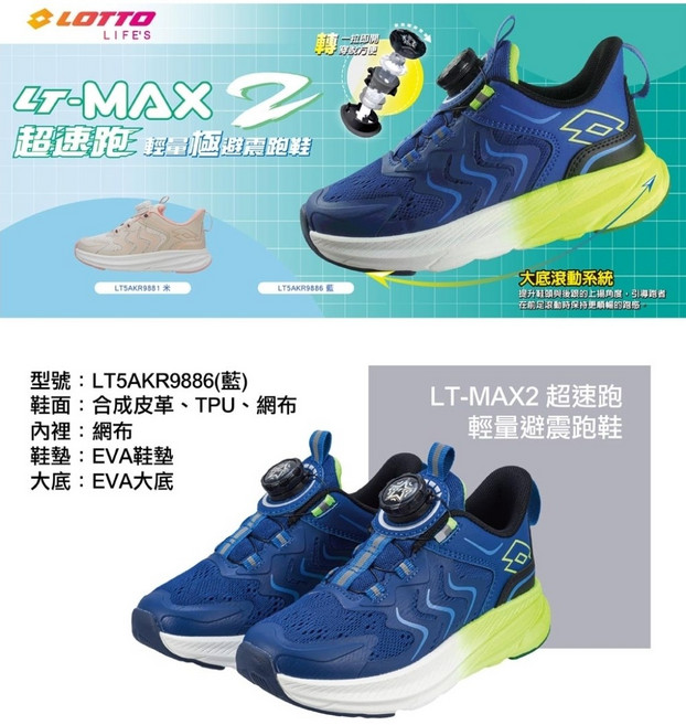 LOTTO LT-MAX 2 輕量避震跑鞋 型號: LT5AKR9886 藍