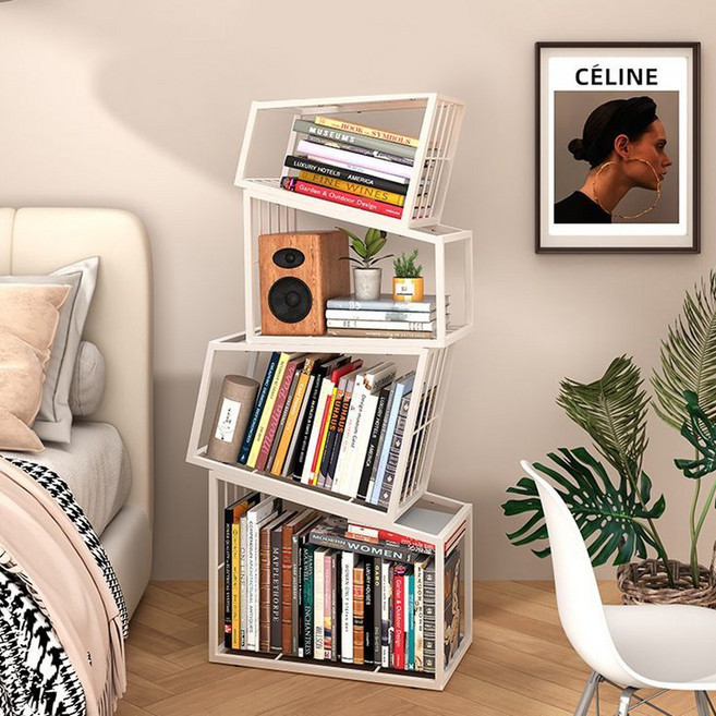 철제 책장 모던 수납장 이형 책장, 4단, 화이트