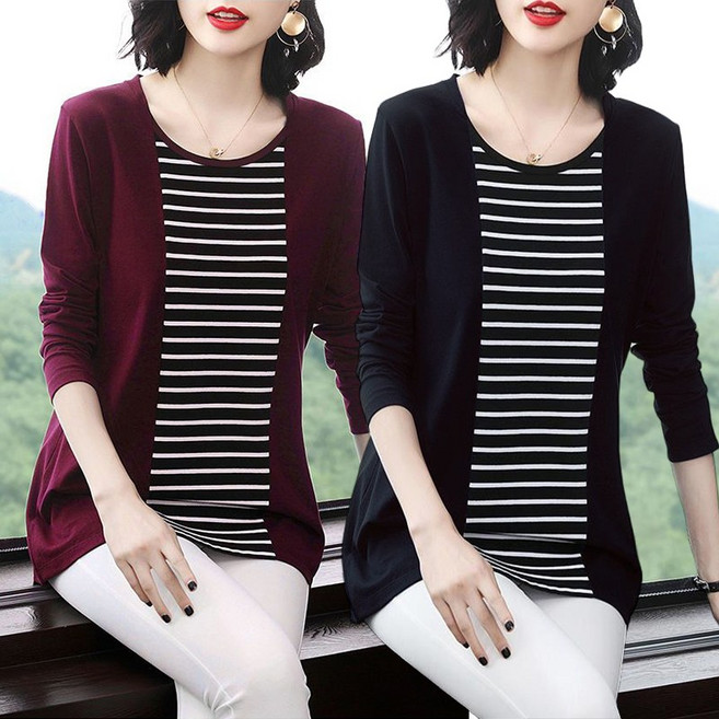 50대 중년 여성용 레이어드 긴팔 티셔츠 여성긴팔티 스트라이프 패치워크 맨투맨 빅사이즈
