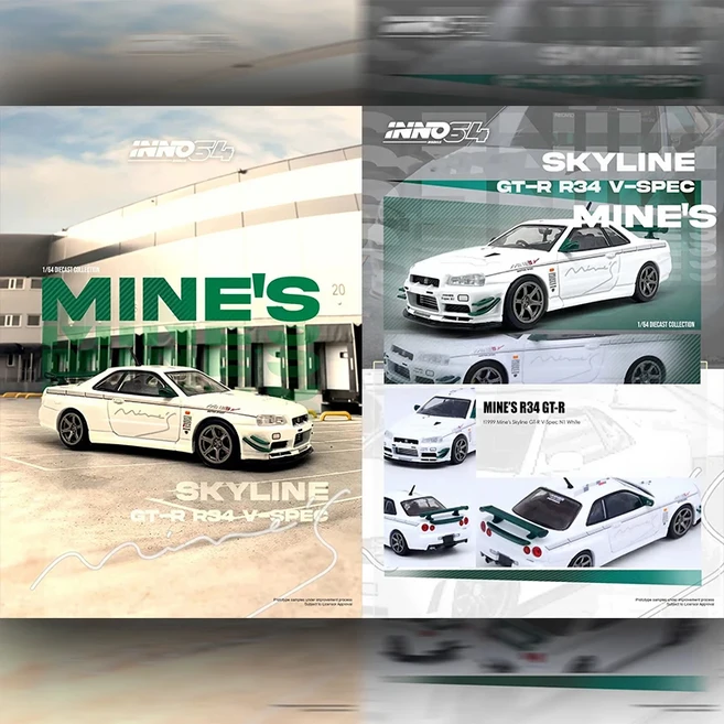 INNO 재고 있음 1:64 LBWK F40 RX7 308 GTB AE86 다이캐스트 자동차 모델 컬렉션 완구, 07 MINES R34 W
