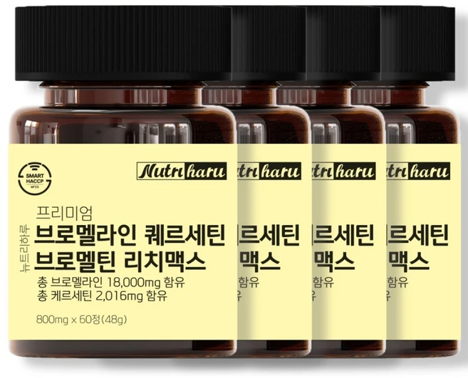 뉴트리하루 프리미엄 브로멜라인 퀘르세틴 브로멜틴 리치맥스, 4개, 60정 - 쿠팡