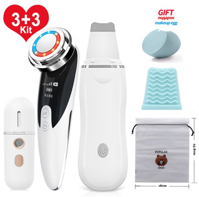 가정용 고주파 마사지기 바디 얼굴 각질 제거기 피부 탄력 리프팅 초음파 스킨 스크러버 페이스 마사지 블랙 헤드 리무버 3+3 키트 페이스 클리너 모공 클리너 딥 페이스 케어, Style 4