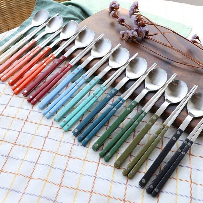 보겐 쌍띠에 스텐 한식 수저세트 실버, 한식수저세트(한식숟가락+젓가락), 실버 - 오렌지, 1개