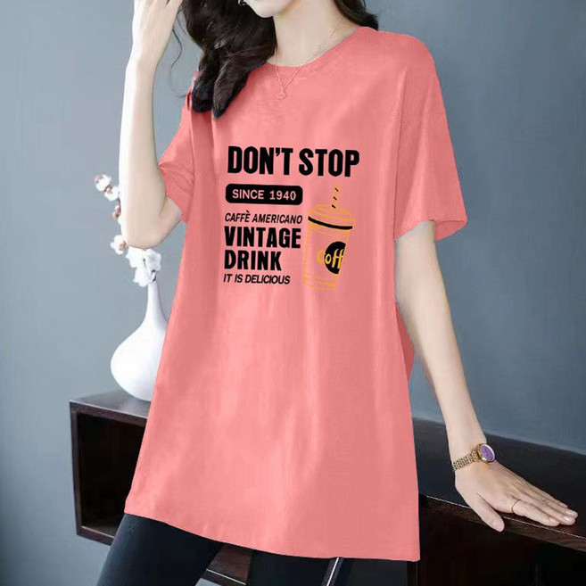 ROYALBELLE 여성 순면 프린트 라운드넥 루즈핏 빅사이즈 캐주얼 데일리 롱라인 반팔 티셔츠 V01031617