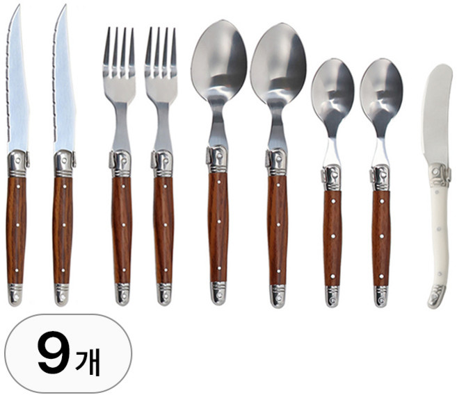 9종 커트러리 세트 2인 용 감성 고급 스텐 양식기 포크 나이프 스푼 스테이크 칼 파스타 디저트 양식 디너 주방용품, R99629C(우드, 1개