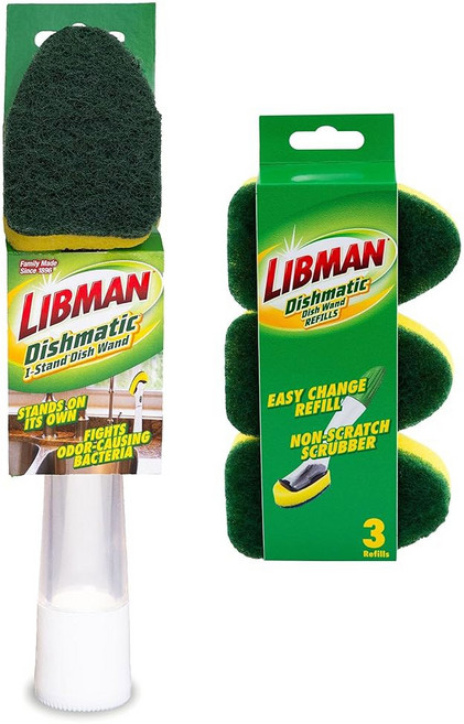 libman dishmatic i-stand 접시 지팡이 키트 주방 청소용 스크럽 브러시 스탠딩 가능한 3개 및 리필 위한 스폰지 세척 스크러버 손잡이 디스펜서 디스펜싱 세척, 1