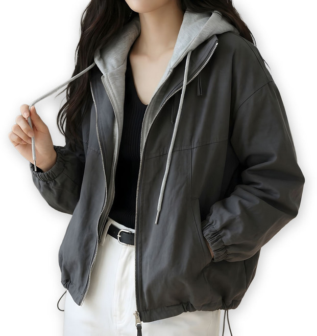 메리앤유 코튼 소재 후드 레이어드 바람막이 점퍼 루즈핏 간절기 자켓