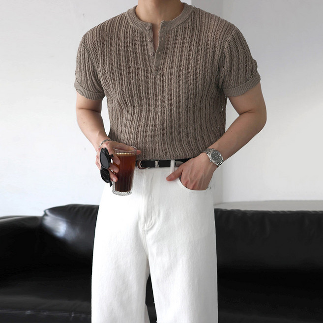 베이직바이블 남자 머슬핏 쿨링 스카시 헨리넥 썸머 반팔 니트 미니멀 펀칭 댄디 남친룩 어깨보정 휴가룩(8color)