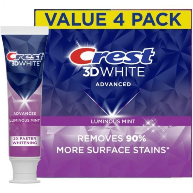 크레스트 3D 화이트 어드밴스드 발광 민트 치아 미백 치 3.7온스 팩 4개 표면 얼룩 에나멜 강화 충치 에, Luminous Mint