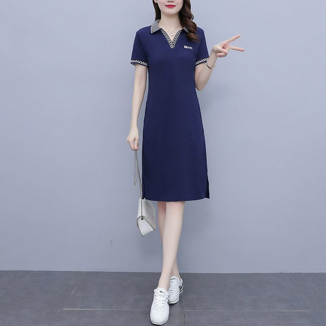 다중성 여성 빅사이즈 반팔 셔츠카라 원피스