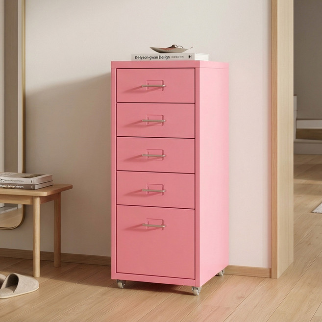 Polyidea 철제 서랍장 이동식 수납장 조립식 서랍장 사무실 거실 데스크 책상밑 공간 활용, 핑크, 5단