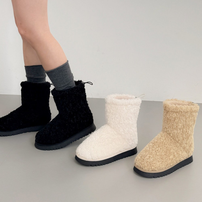 슈뿐 둥근코 따뜻한 기모 뽀글이 퍼 스트링 통굽 털부츠 방한부츠