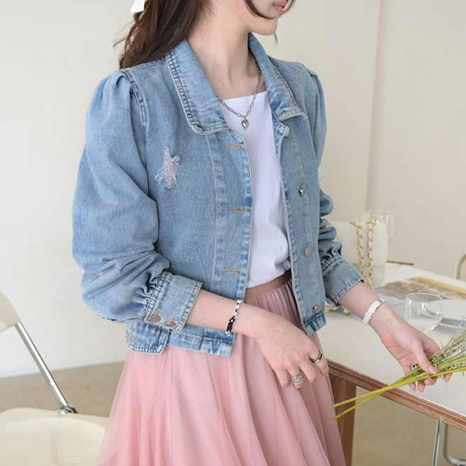 데일리앤 루미 여성 데일리 봄 가을 퍼프 크롭 데님 청자켓
