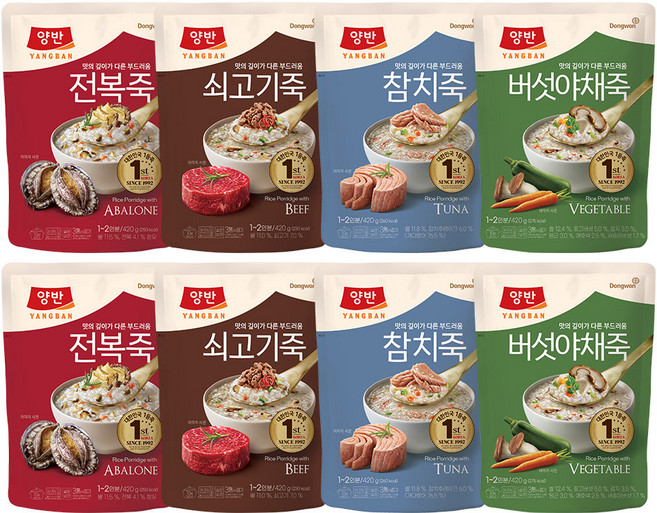 동원 양반죽 420g 파우치죽 모음(전복+쇠고기+참치+버섯야채 각 2봉 총 8봉), 1개