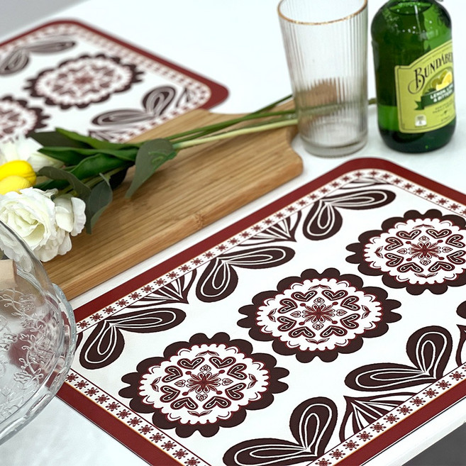 소비르 레트로 테이블 플레이트 매트, 2개, 레드 꽃 패턴, 400*300
