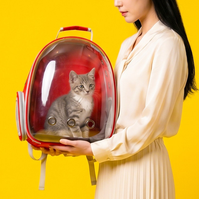 우아지오 반려동물 투명 외출가방 우주선 백팩, 1개, 레드