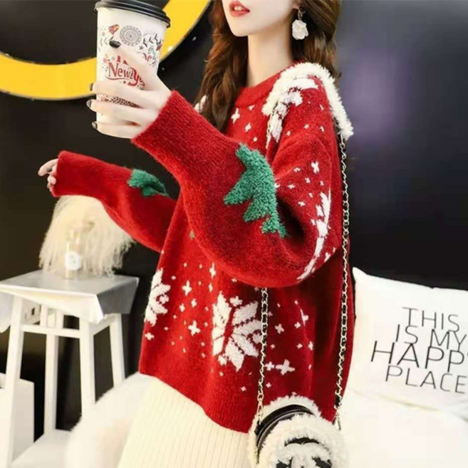 TKX 크리스마스 패턴 니트 여성 긴팔 스웨터 겨울 따뜻한 캐주얼 파티룩 연말룩