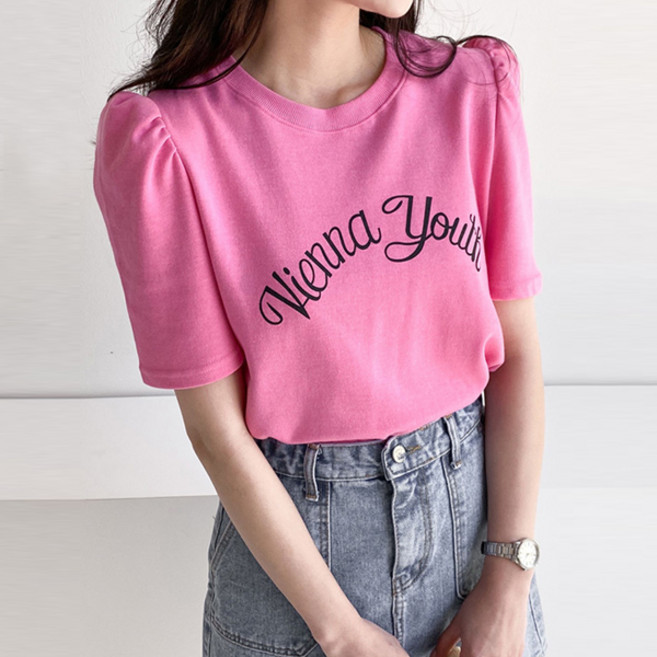 마이쏭 여성용 빅사이즈 반팔 데일리룩 셔링티 메리유퍼프소매티