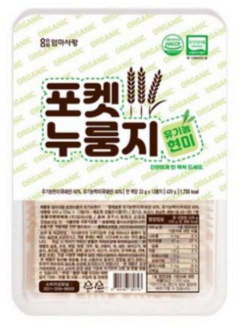 엄마사랑 포켓 누룽지 유기농 현미, 429g, 3개