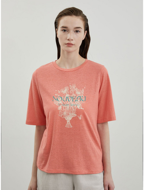 올리비아로렌 프린트가 포인트인 레귤러핏 린넨 라운드 반팔 티셔츠