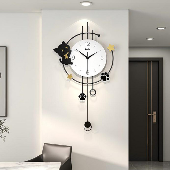 Luofu 인테리어 벽시계 귀여운 고양이&스타 현대 심플 무소음 벽걸이 추시계, 3세대 디자인 [중형]