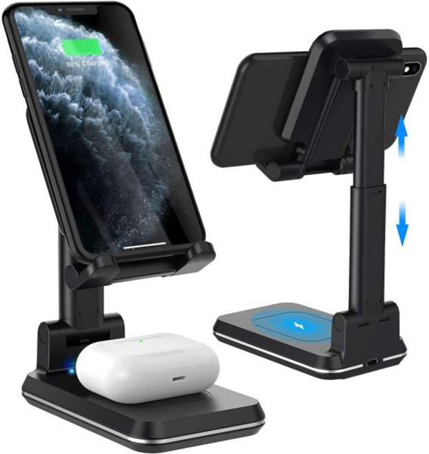 2 in 1 무선 충전기 듀얼 충전 데스크 폰 스탠드 아이폰 1211MAXXSXRX8용 10W Qi 고속 폴더블 태블릿 에어팟프로 삼성 갤럭시 S21S20S10S9, 무선충전 거치대 무선 고속충전 스탠드 2 in 1 충전