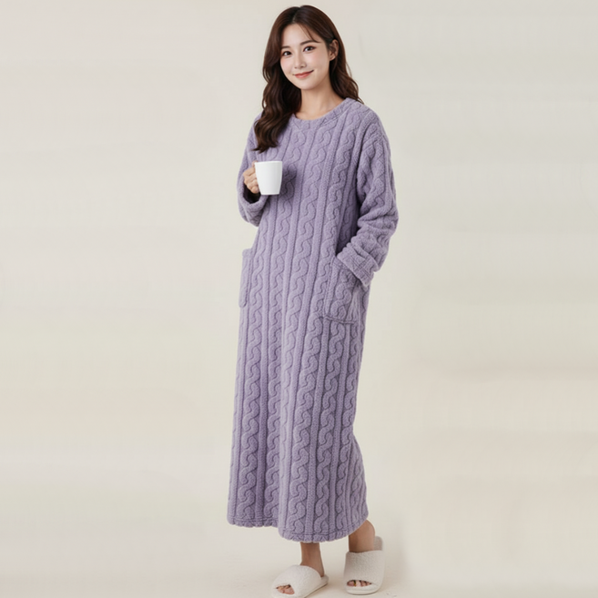 여성용 빅사이즈 롱 맥시 수면 극세사 밍크 겨울 잠옷 파자마 원피스