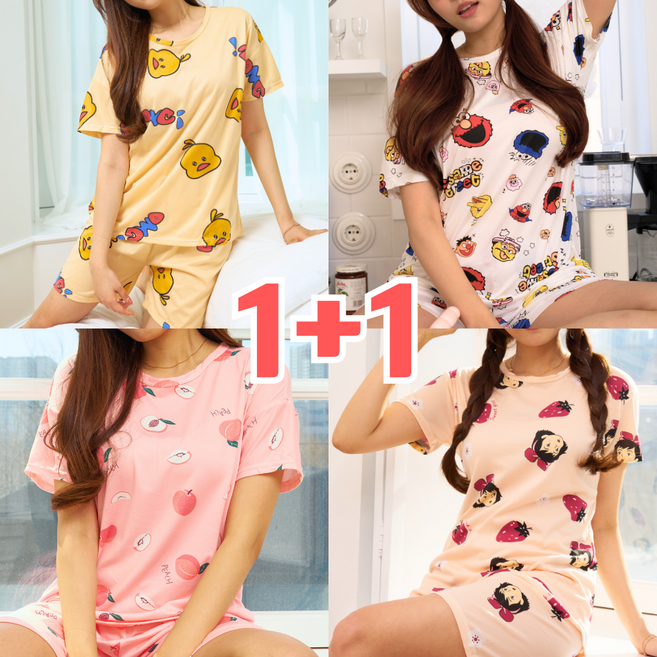 1+1 여성용 반팔 파자마 상하의 세트 홈웨어 냉장고 잠옷