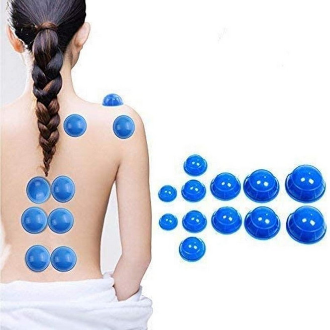 Healthcom 12피스 실리콘 마사지 부항 세트 진공 침술 테라피 전문 바디 컵 통증 완화 근육 이완용 컵핑 12개 팩, 블루