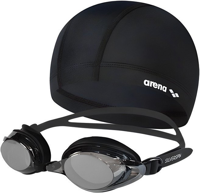 아레나 스판수모 + 실버스핀 미러수경 SGT-601M 2종 세트, BK + 블랙, 1세트